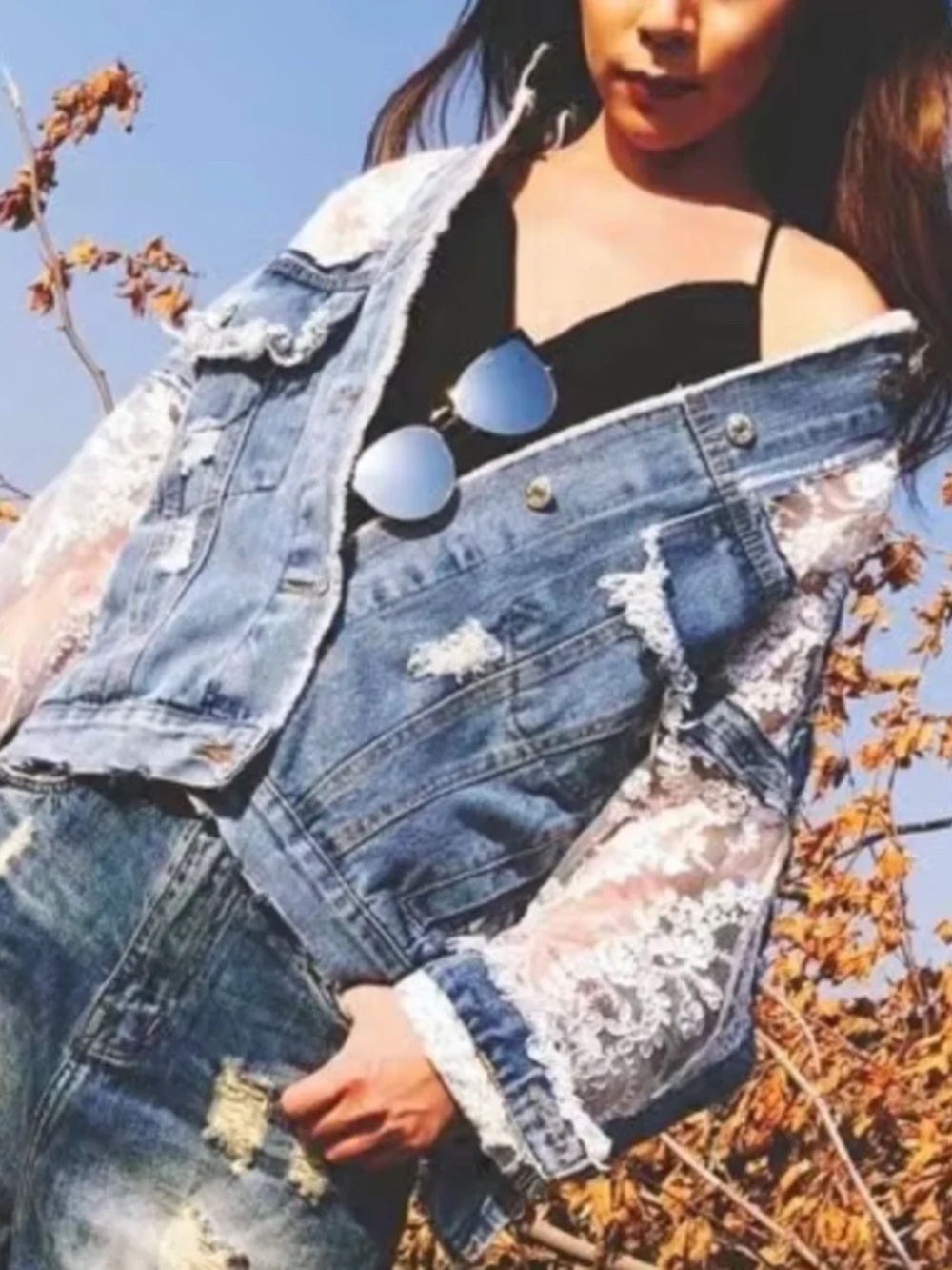 Western Embroidered Floral Lace Frayed Jean Open Front Denim Jacket